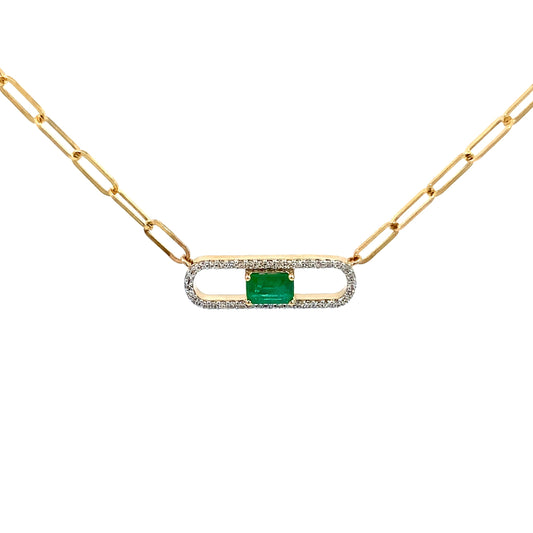 14K Solid Yellow Gold necklace with a green Emerald and diamond gemstone pendant on a white background. Trendy 14K yellow gold Paperclip necklace. 
