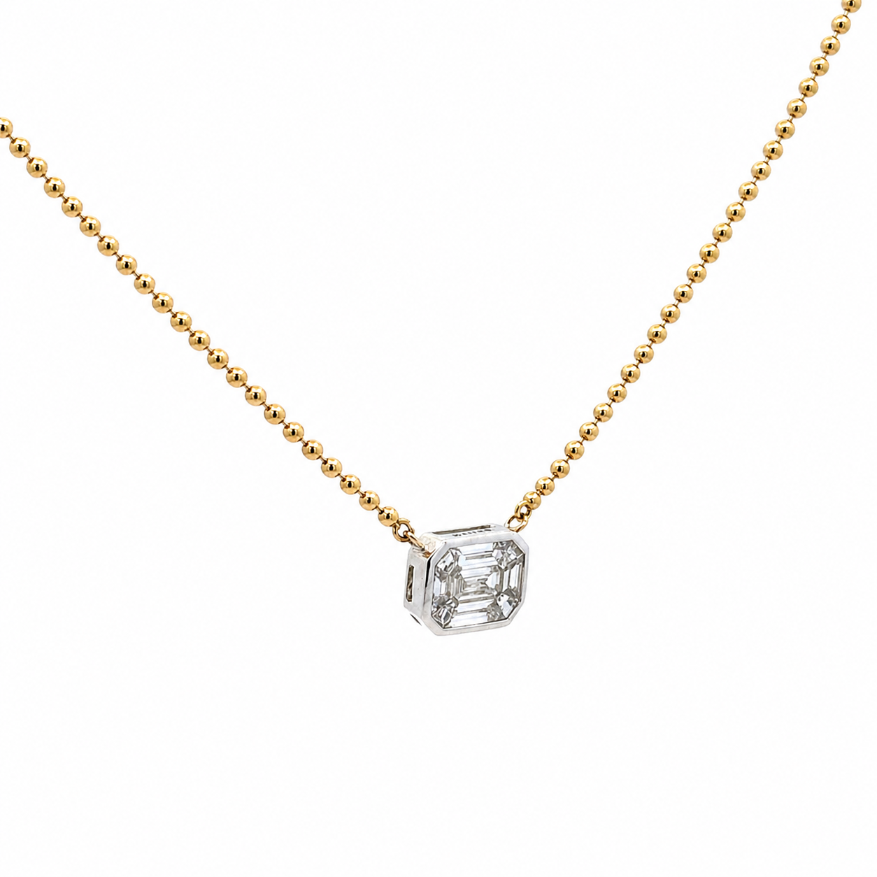 14K Solid Yellow Gold Beaded Chain with Baguette Diamond Pendant