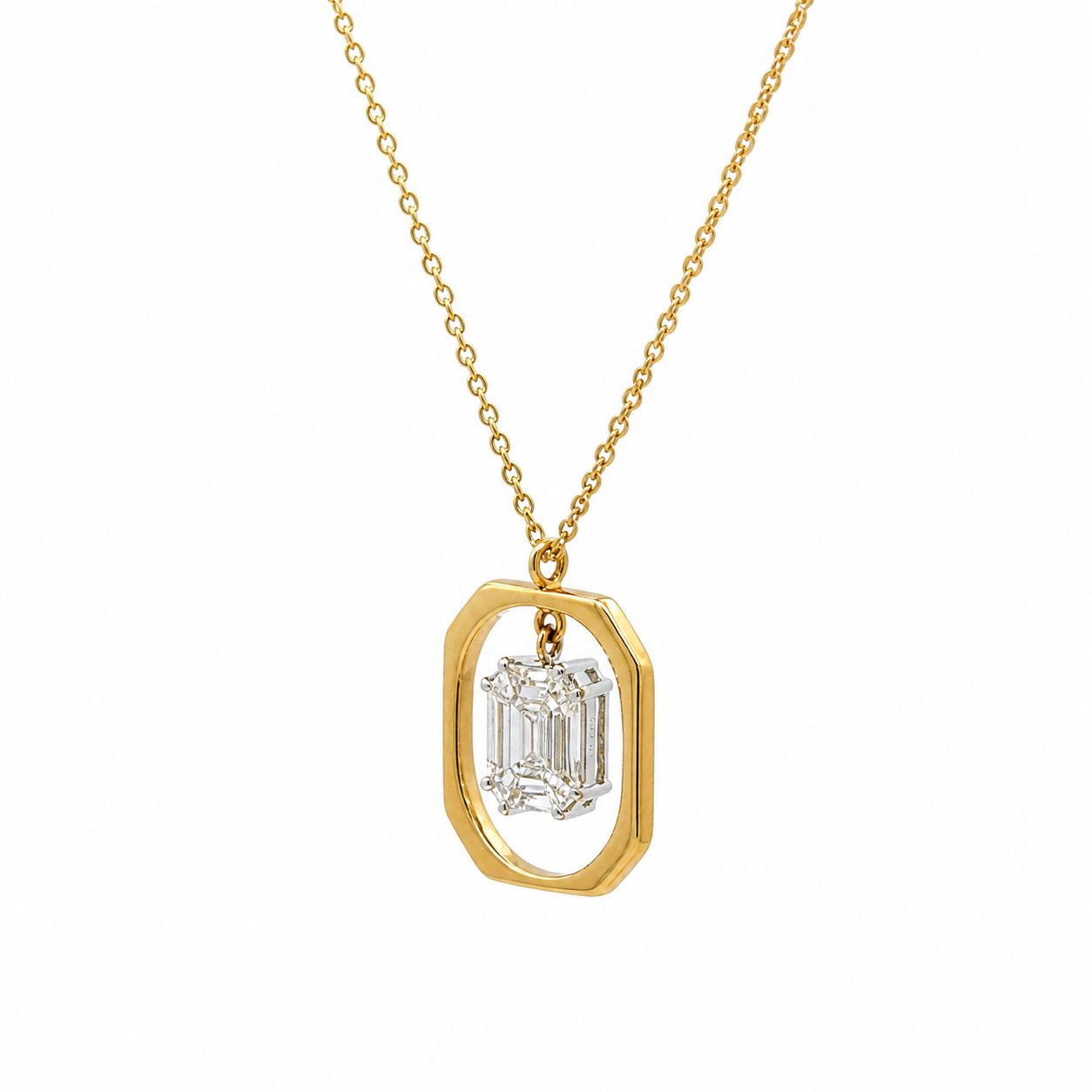 14K Solid Yellow Gold Chain with Baguette Diamond Pendant