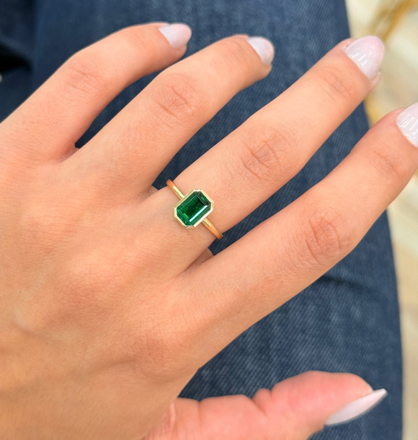 14K Solid Yellow Gold Green Emerald Ring