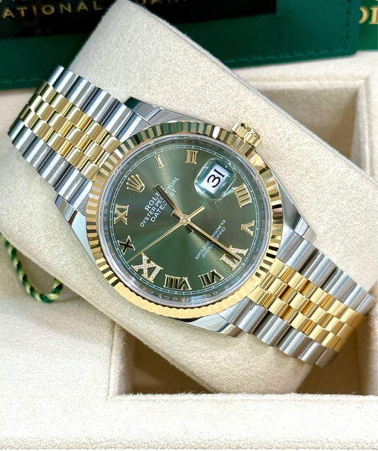 126233, Green Roman Numeral Diamond Dial 36mm Date-Just Rolex, Two Tone Yellow Gold and Stainless Steel Rolex. 