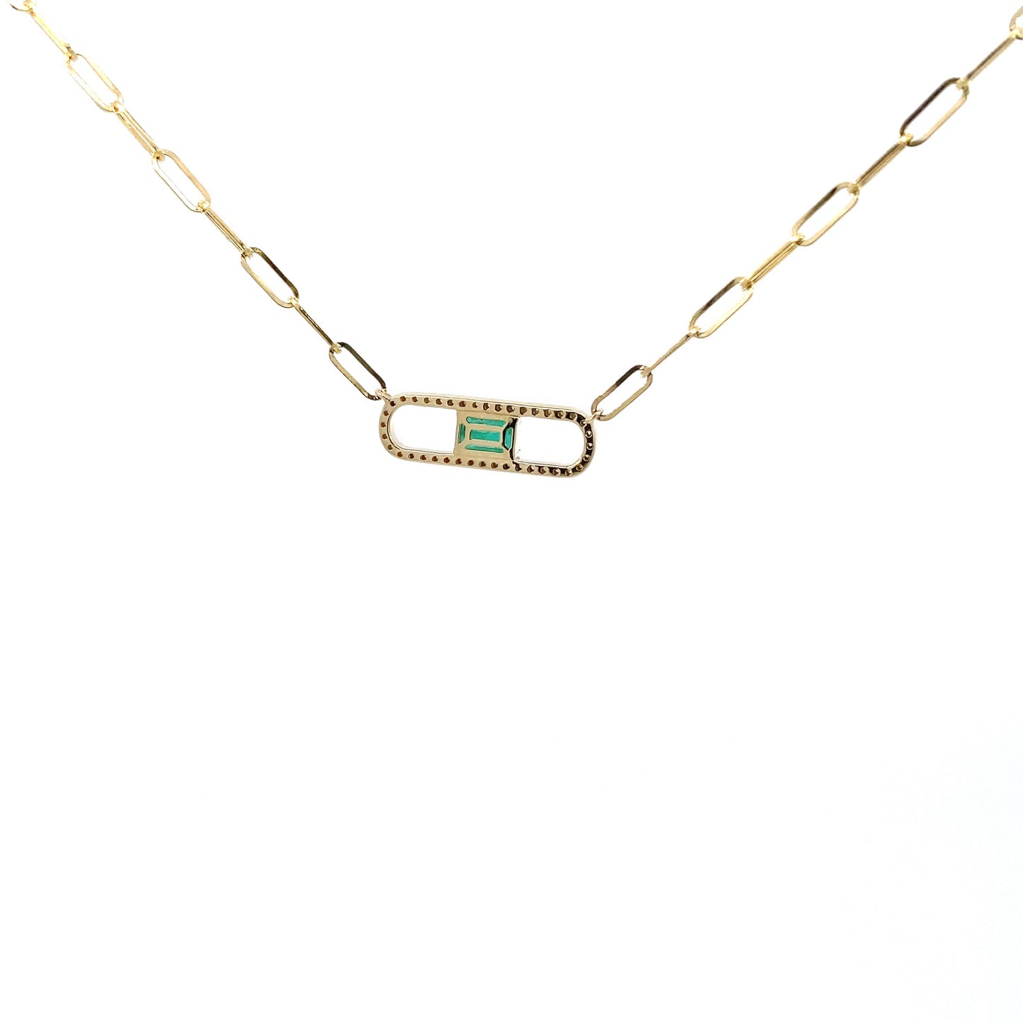 14K Solid Yellow Gold necklace with a green Emerald and diamond gemstone pendant on a white background. Trendy 14K yellow gold Paperclip necklace. 