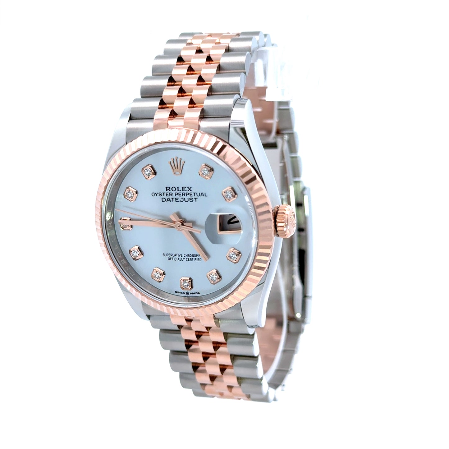 Rolex Datejust 36MM 126231 Jubilee Steel & 18K Rose Gold MOP Diamond Dial, Two tone Rolex with jubilee band and fluted bezel and mother of pearl diamond dial new 2026 