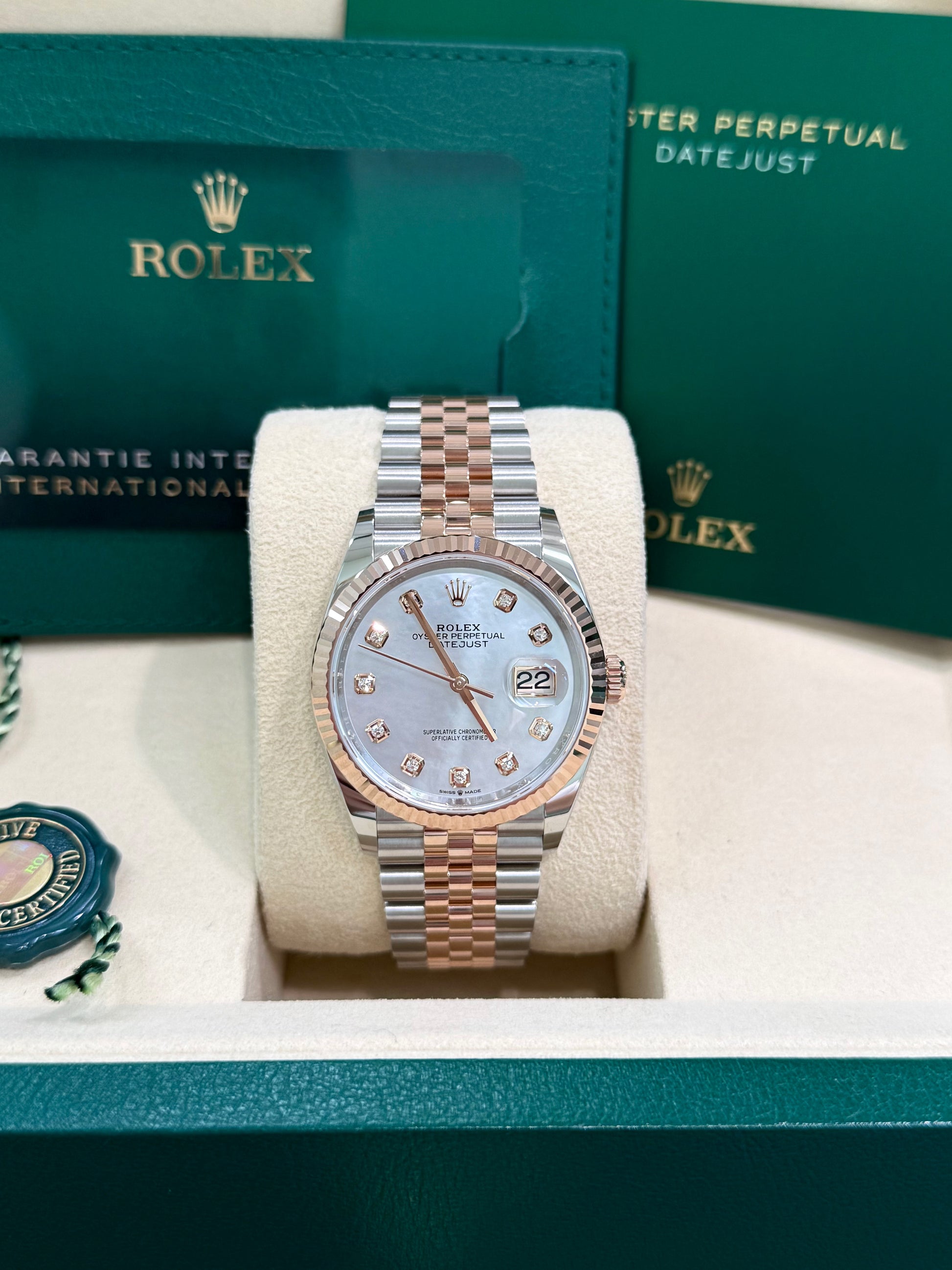 Rolex Datejust 36MM 126231 Jubilee Steel & 18K Rose Gold MOP Diamond Dial, Two tone Rolex with jubilee band and fluted bezel and mother of pearl diamond dial new 2026 