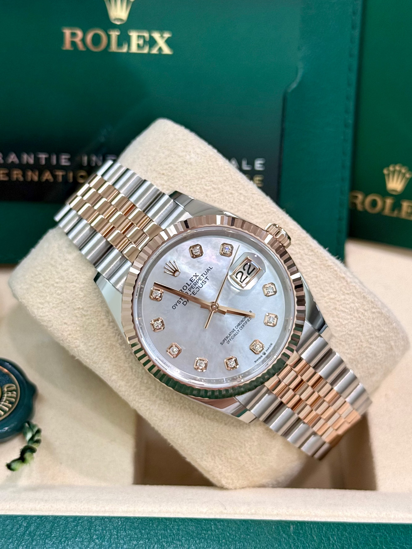 Rolex Datejust 36MM 126231 Jubilee Steel & 18K Rose Gold MOP Diamond Dial, Two tone Rolex with jubilee band and fluted bezel and mother of pearl diamond dial new 2026 