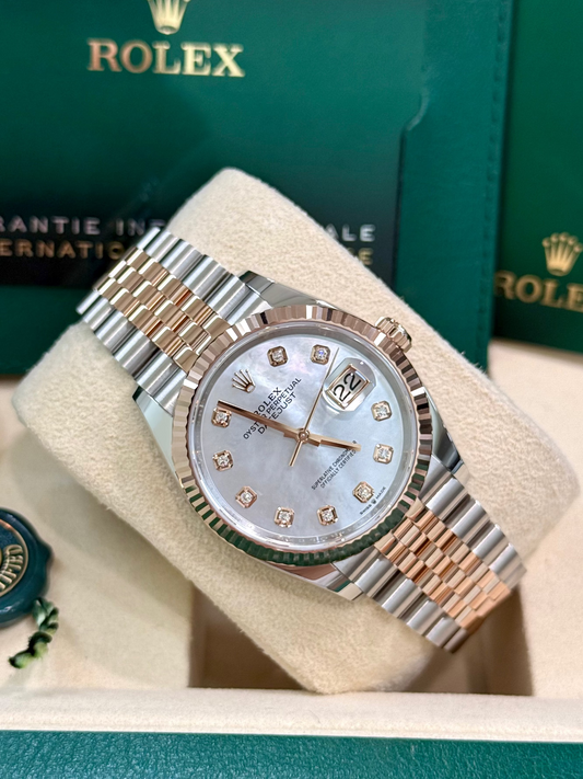 Rolex Datejust 36MM 126231 Jubilee Steel & 18K Rose Gold MOP Diamond Dial, Two tone Rolex with jubilee band and fluted bezel and mother of pearl diamond dial new 2026 
