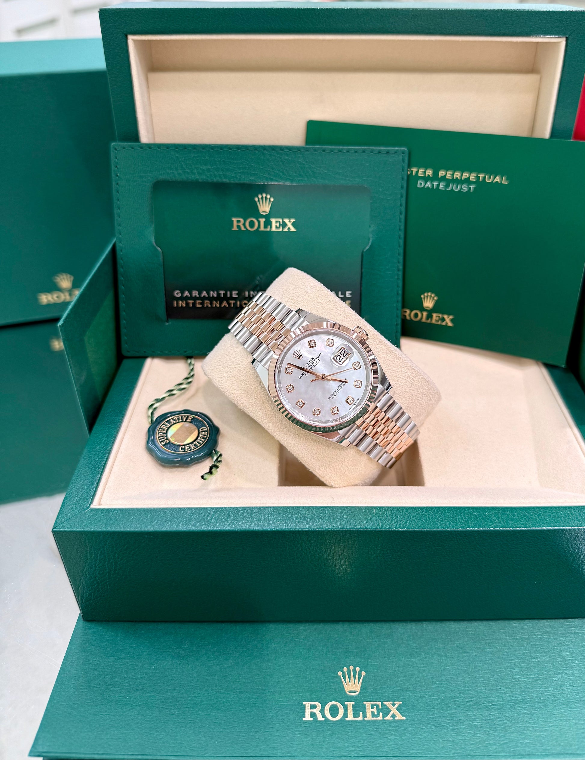 Rolex Datejust 36MM 126231 Jubilee Steel & 18K Rose Gold MOP Diamond Dial, Two tone Rolex with jubilee band and fluted bezel and mother of pearl diamond dial new 2026 