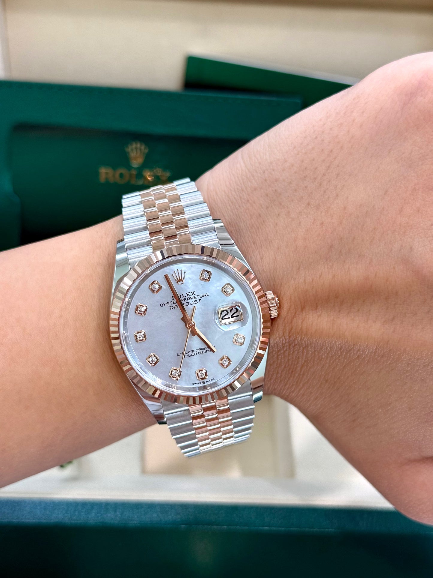 Rolex Datejust 36MM 126231 Jubilee Steel & 18K Rose Gold MOP Diamond Dial, Two tone Rolex with jubilee band and fluted bezel and mother of pearl diamond dial new 2026 