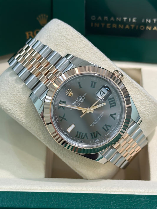 126331 Date Just 2 Rolex 41mm, Stainless steel and 18K rose gold, Wimbledon dial, new 2025. Classy Watch. Jubilee band. Fluted Bezel. 