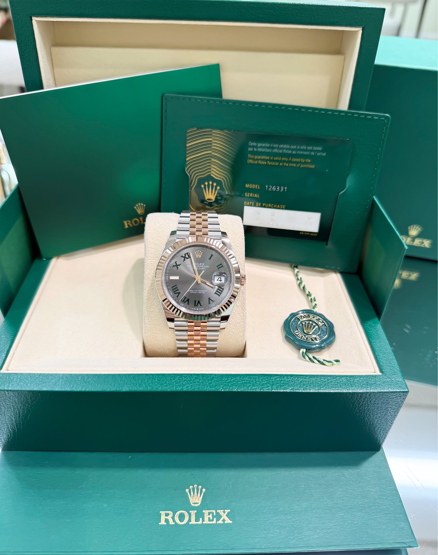 126331 Date Just 2 Rolex 41mm, Stainless steel and 18K rose gold, Wimbledon dial, new 2025. Classy Watch. Jubilee band. Fluted Bezel. 