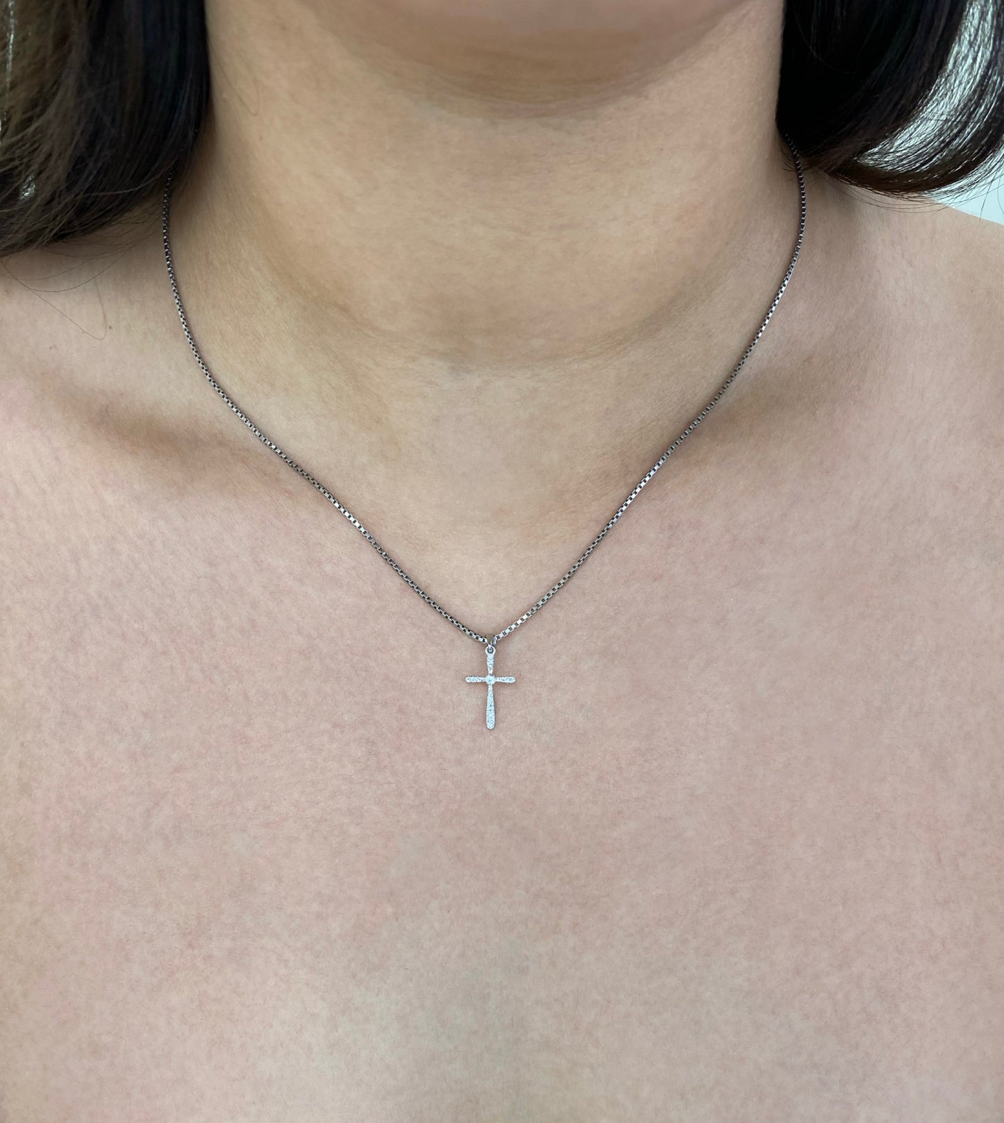 14K Solid White Gold Diamond Cross Pendant