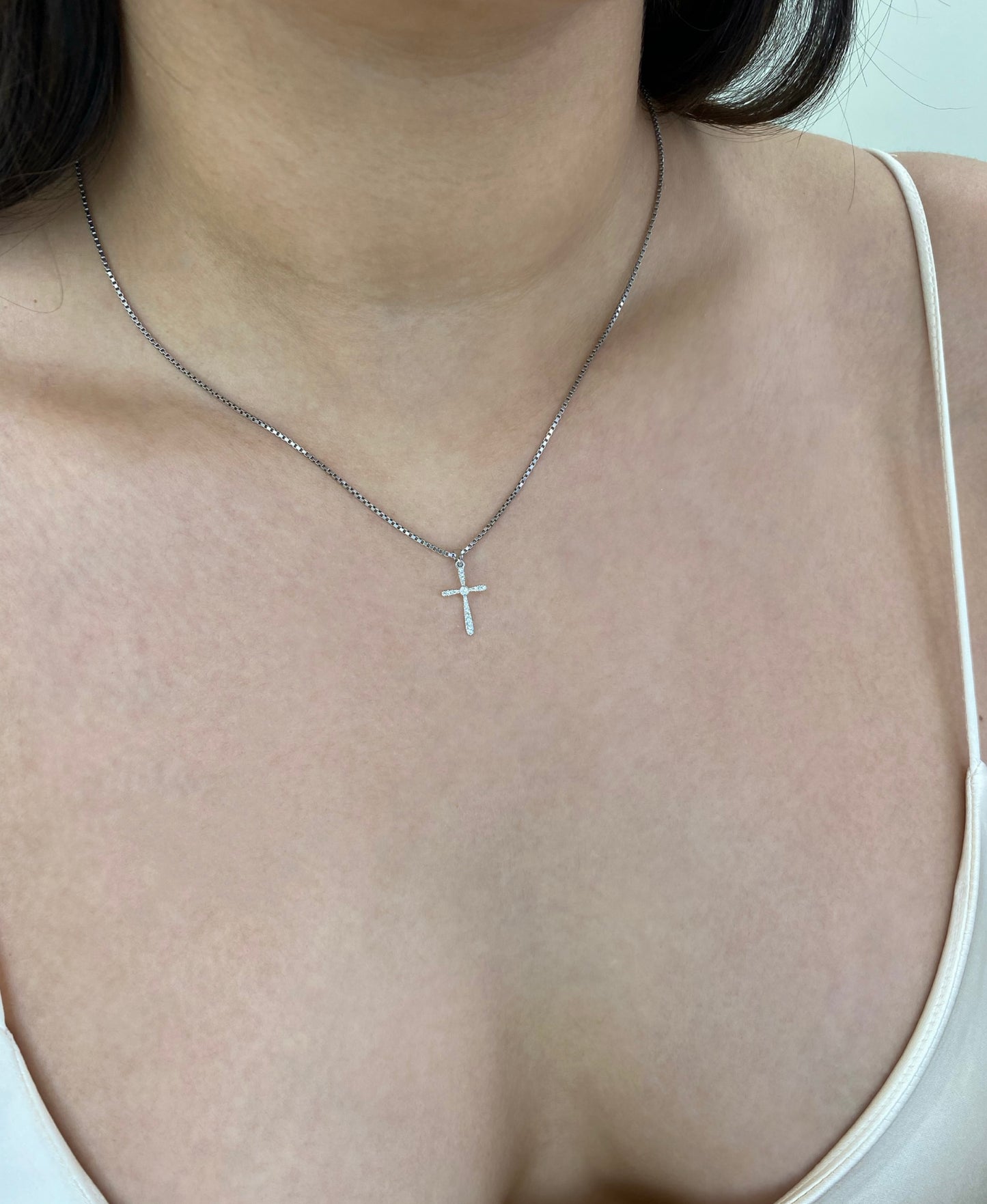 14K Solid White Gold Diamond Cross Pendant