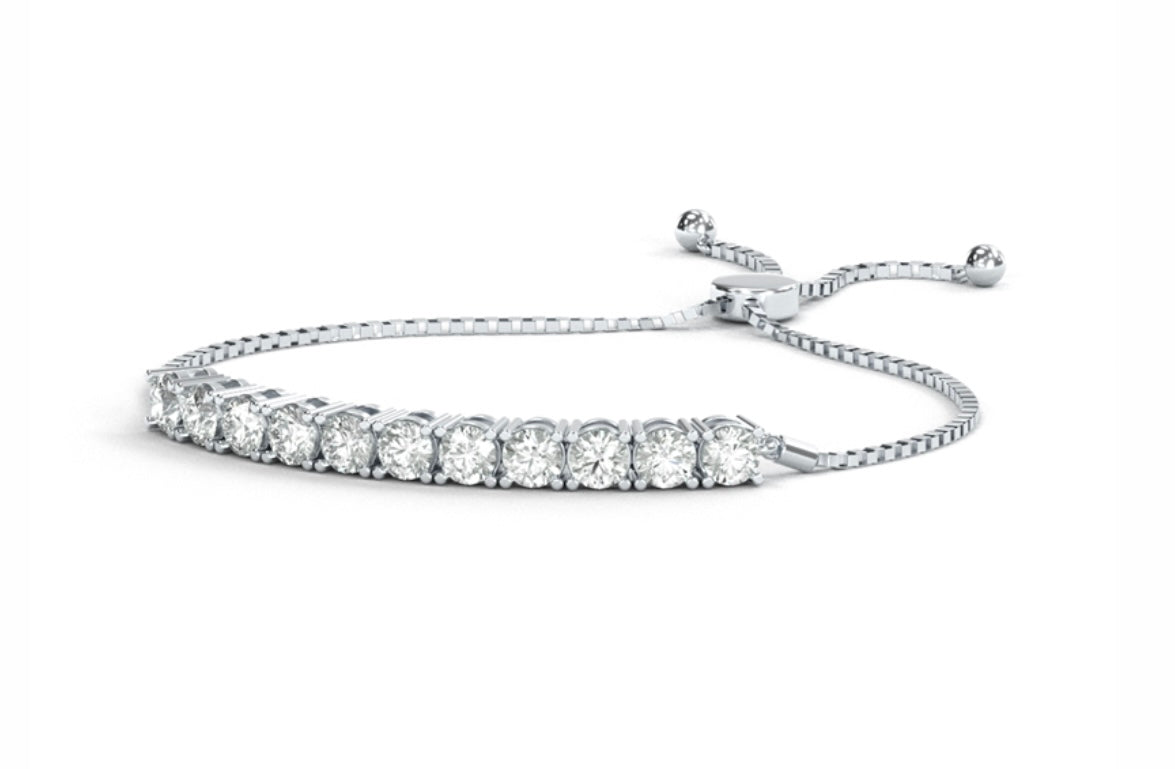 14K Solid White Gold Natural Diamond Tennis Bracelet with Adjustable Length. 