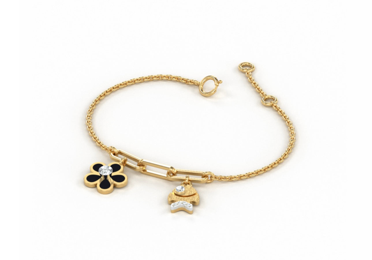 Dangling Flower and Fish Diamond Paperclip Bracelet