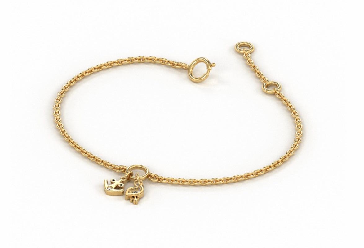 Dainty Diamond Bracelet with Dangling Anchor and Bird