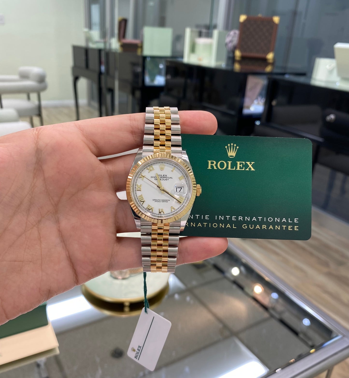 Rolex 36mm Date-Just in Two Tone Yellow Gold with White Roman Numeral Dial, 126233