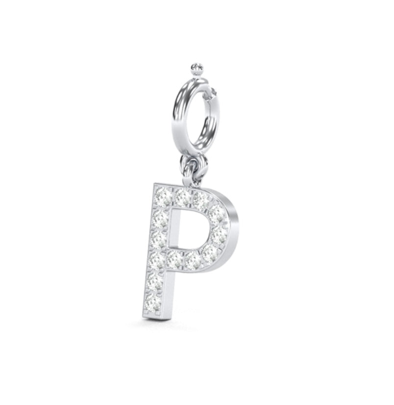 8Mm Diamond Initial Charms "P". 14K Solid White Gold P initial, Add-on Diamond Charm.