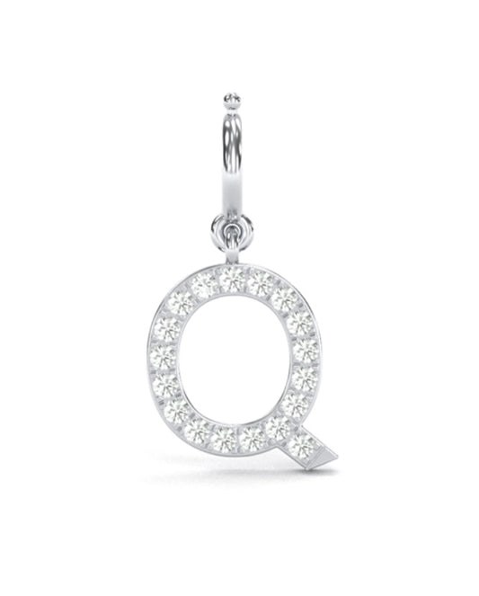 8Mm Diamond Initial Charms "Q", 14K Solid White Gold Add-on Natural Diamond Q Pendant Charm. 