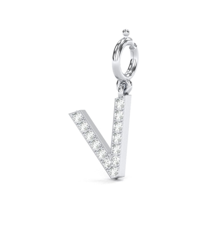 8Mm Diamond Initial Charms "V", add on pendant, letter pendant.