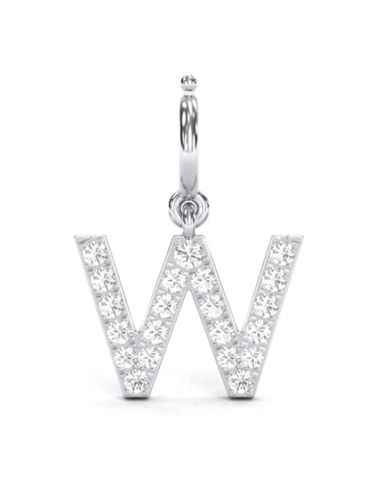 8Mm Diamond Initial Charms "W", 14K Solid White Gold Natural Diamond W Initial Add-On Charm Pendant