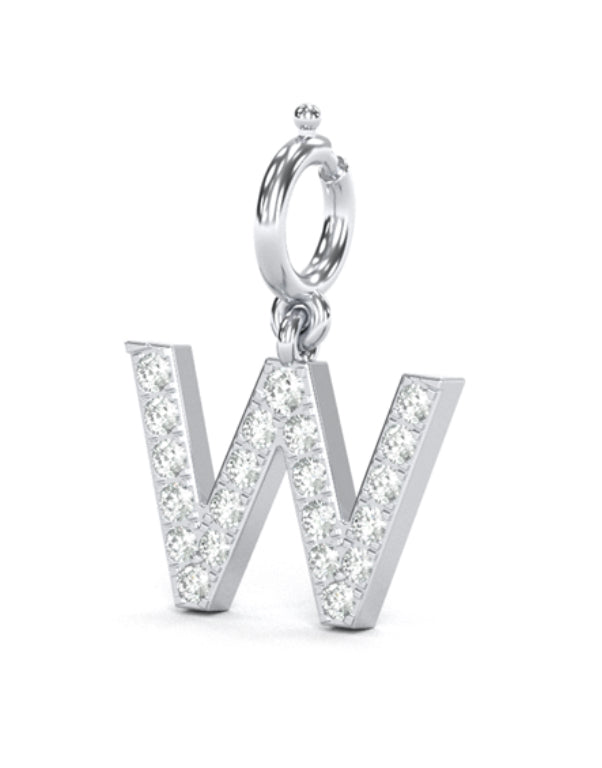 8Mm Diamond Initial Charms "W", 14K Solid White Gold Natural Diamond W Initial Add-On Charm Pendant