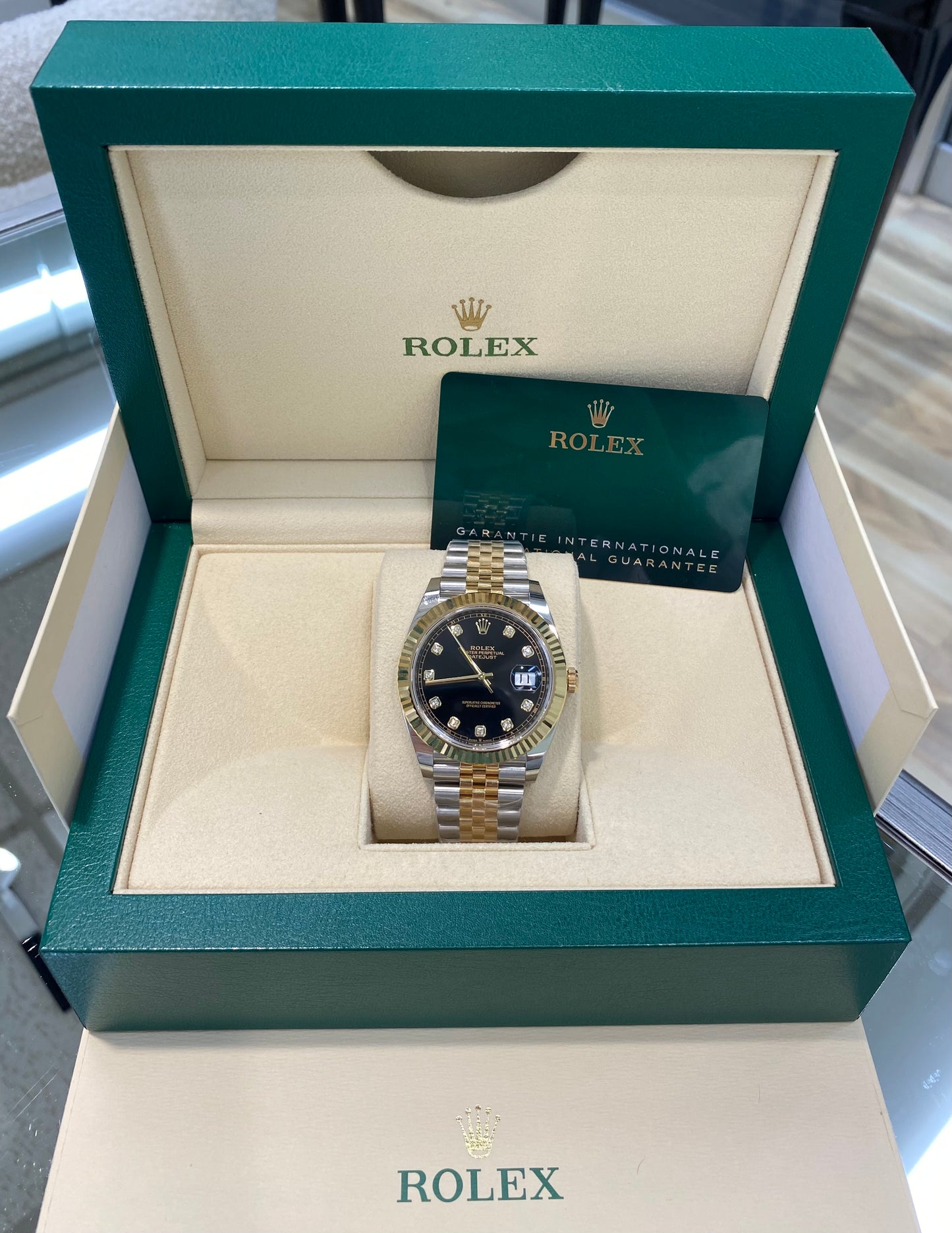 Rolex 41mm Date-Just in Two Tone Yellow Gold Jubilee Band and Bright Black Set with Diamonds Dial, 126333