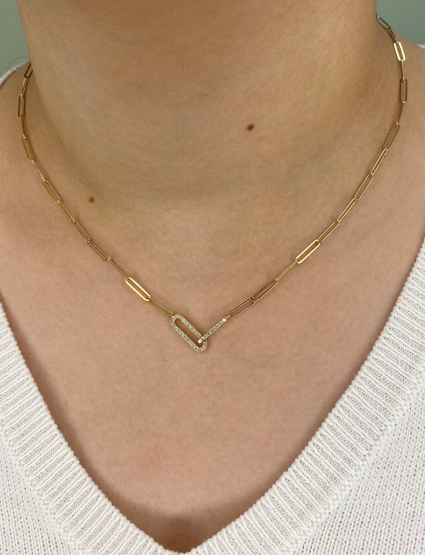 14k Yellow Gold Diamond Paperclip Pendant Necklace, trendy Natural Diamond Paperclip Necklace.
