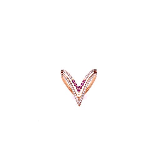 18K Rose Gold Pink Sapphire and Diamond V Shape Ring