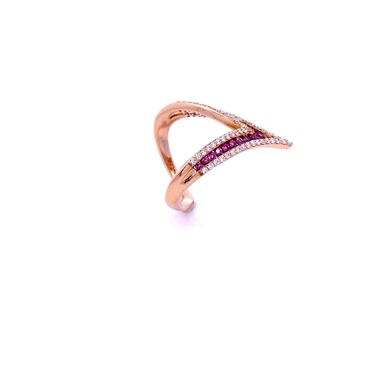 18K Rose Gold Pink Sapphire and Diamond V Shape Ring
