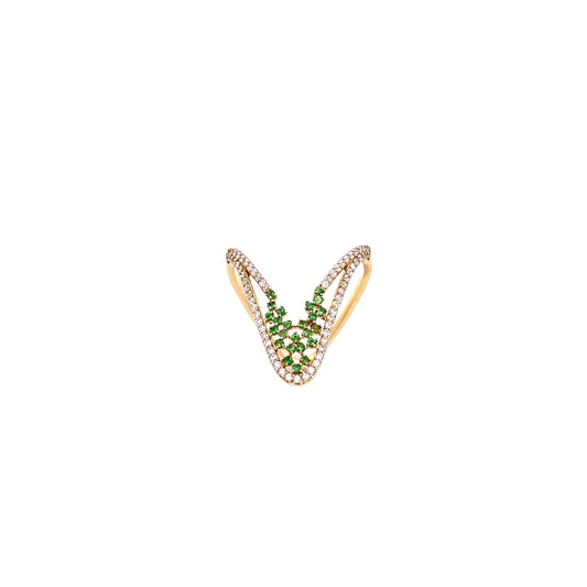 18K Yellow Gold Tsavorite and Diamond V Shape Ring