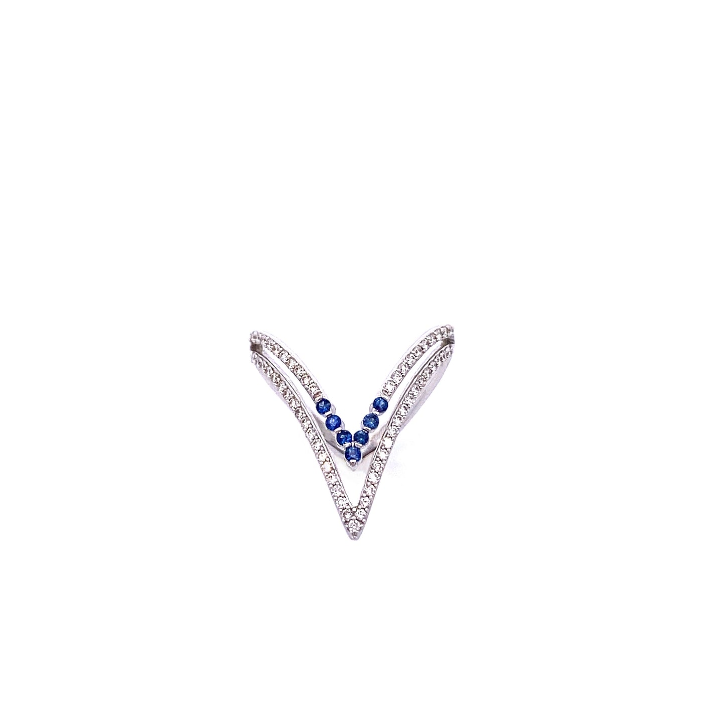 18K White Gold Blue Sapphire and Diamond V Shape Ring