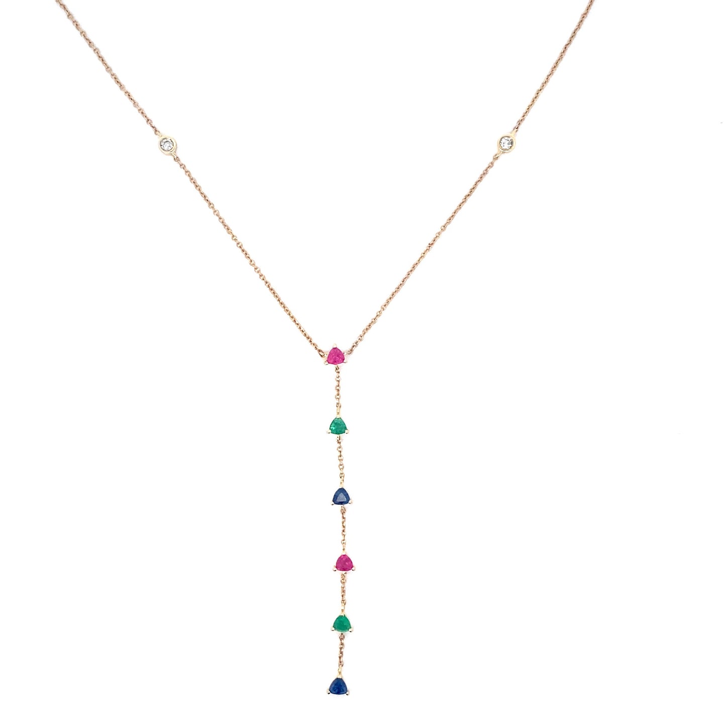 Dainty 14K Gold Lariat Diamond and Color Stone Necklace