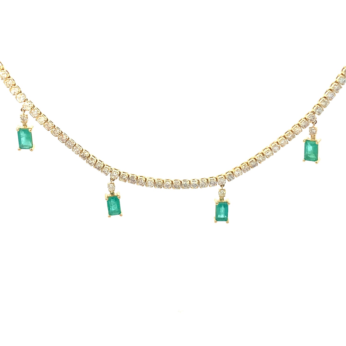 14K Yellow Gold Natural Diamond Tennis Necklace with Dangling Emeralds