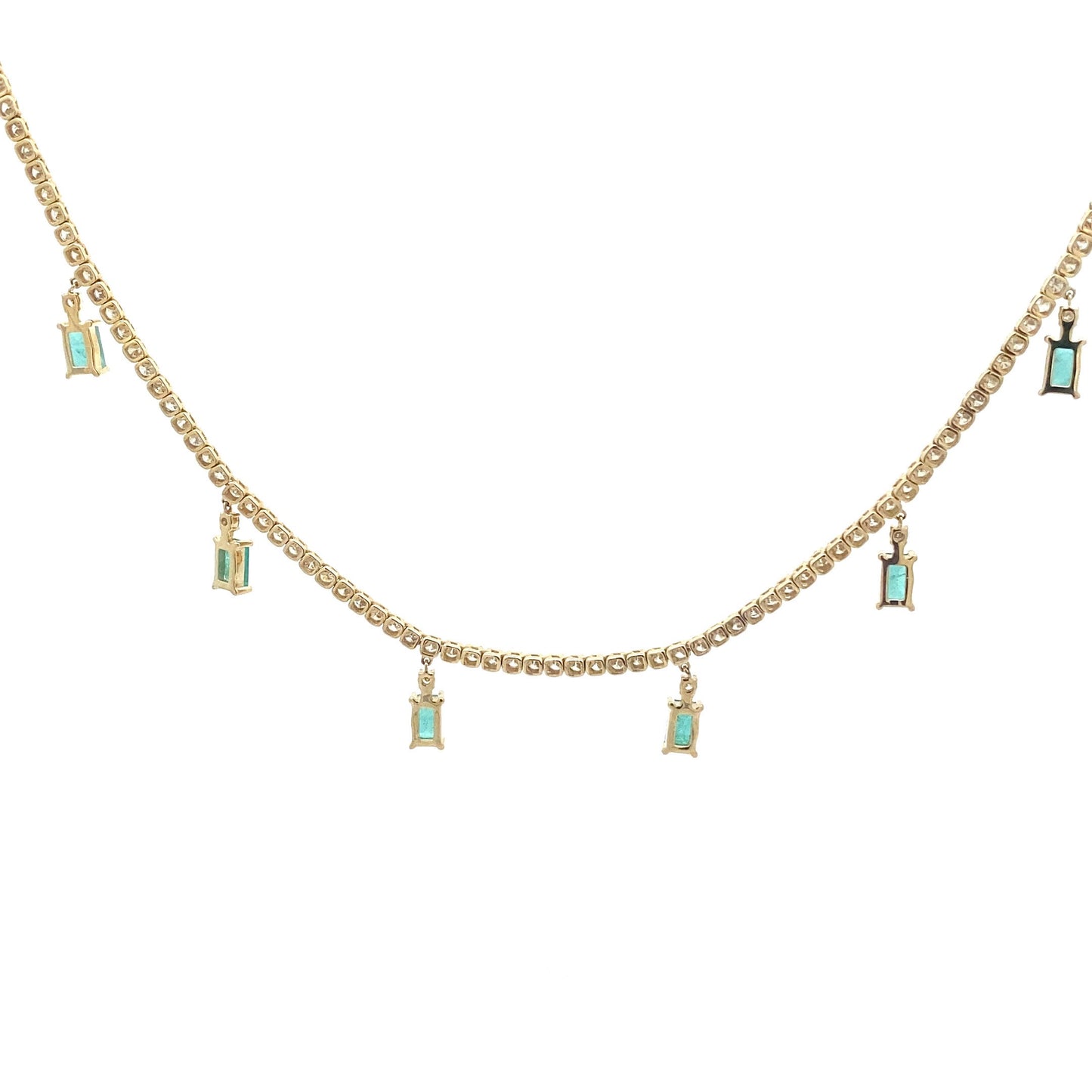 14K Yellow Gold Natural Diamond Tennis Necklace with Dangling Emeralds