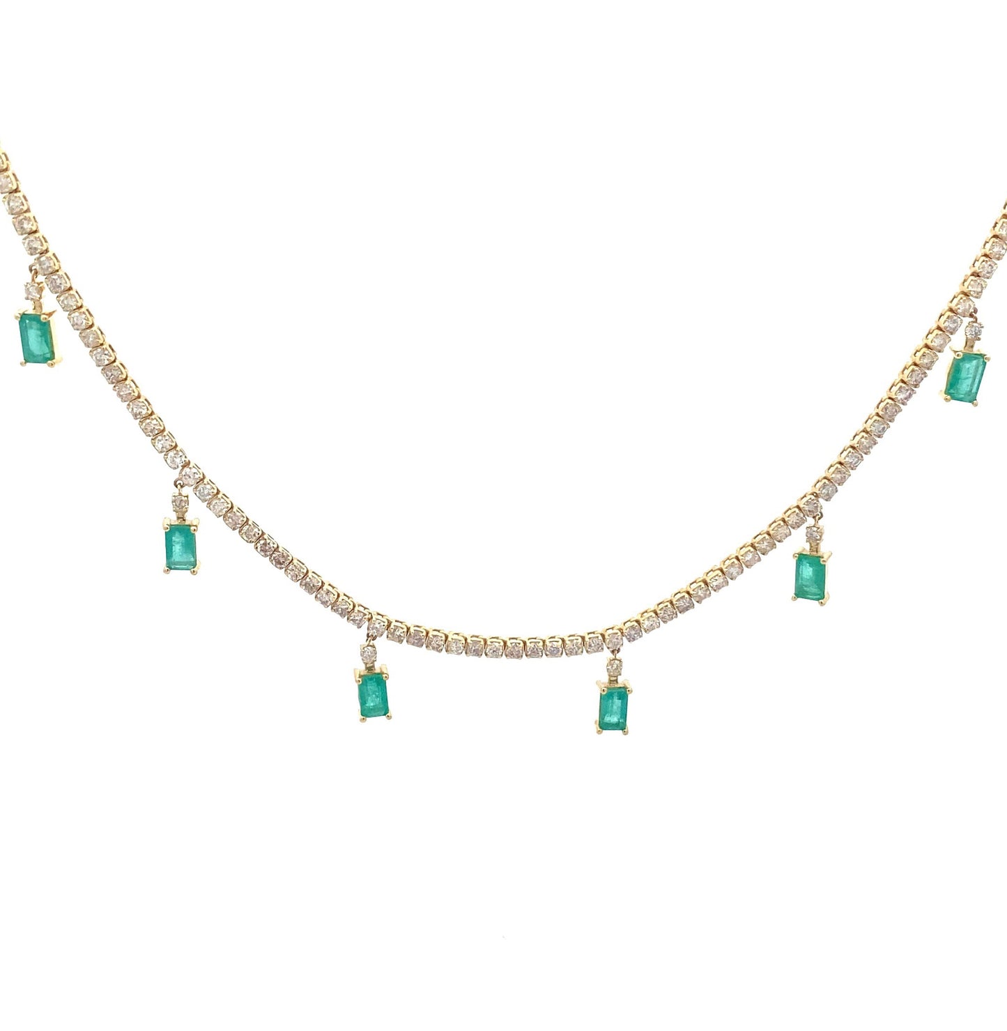 14K Yellow Gold Natural Diamond Tennis Necklace with Dangling Emeralds