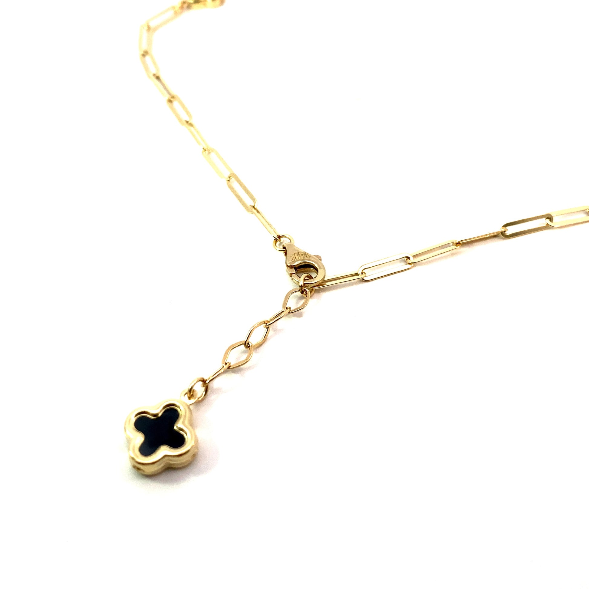 Trendy 14K Yellow Gold Clover Paperclip Necklace, Clover Necklace, Trendy Clover Necklace, beautiful. Clover Necklace, Paperclip Chaim, Paperclip Necklace, Paperclip Clover Necklace, 14K Solid Yellow Gold White Clover Necklace, Black Clover Necklace.