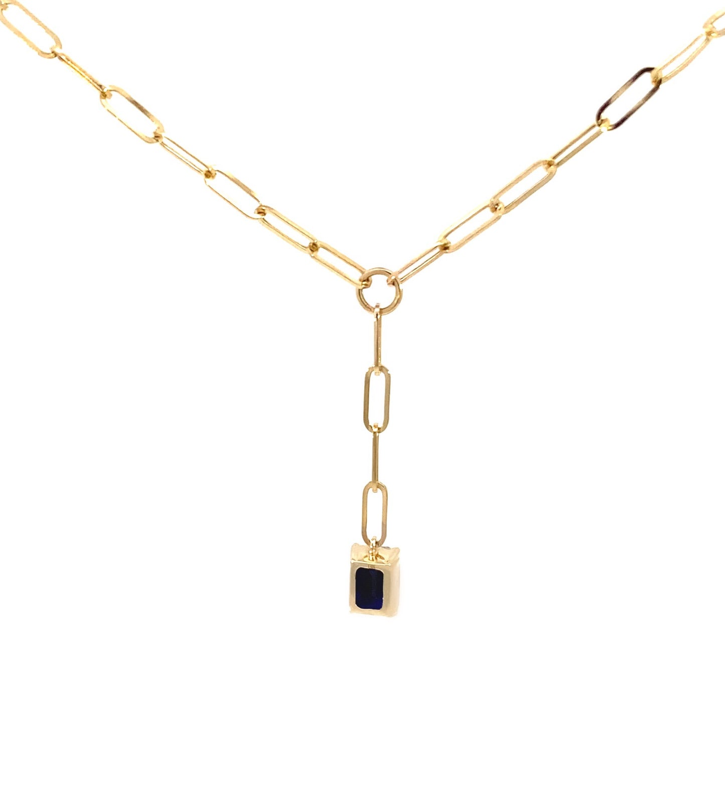 14K Yellow Gold Natural Blue Sapphire Gemstone Paperclip Lariat Necklace