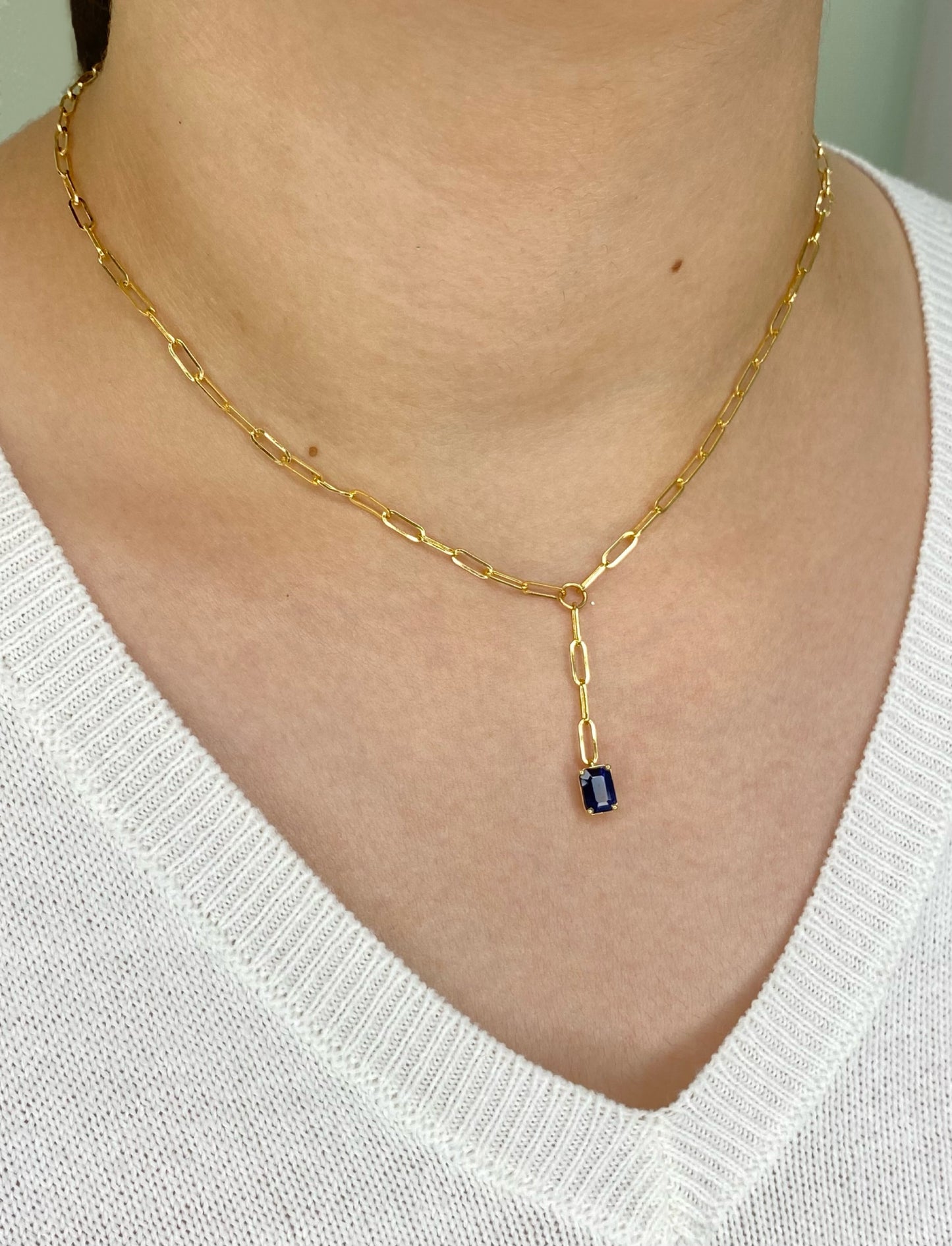 14K Yellow Gold Natural Blue Sapphire Gemstone Paperclip Lariat Necklace