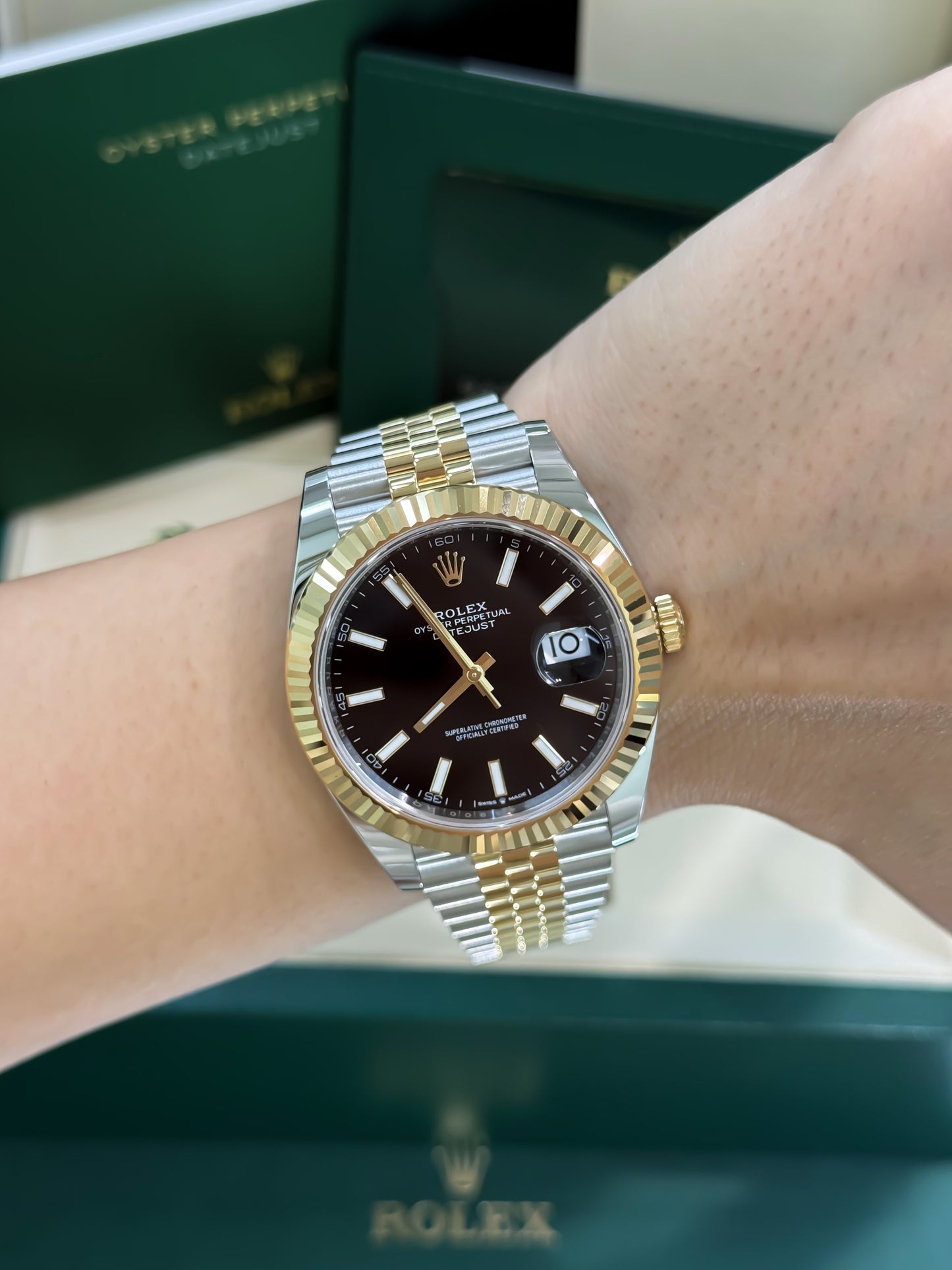 Rolex 41mm Date-Just in Two Tone Yellow Gold Jubilee Band and Black Index Dial New, 126333, classy men watch, Rolex lover. 