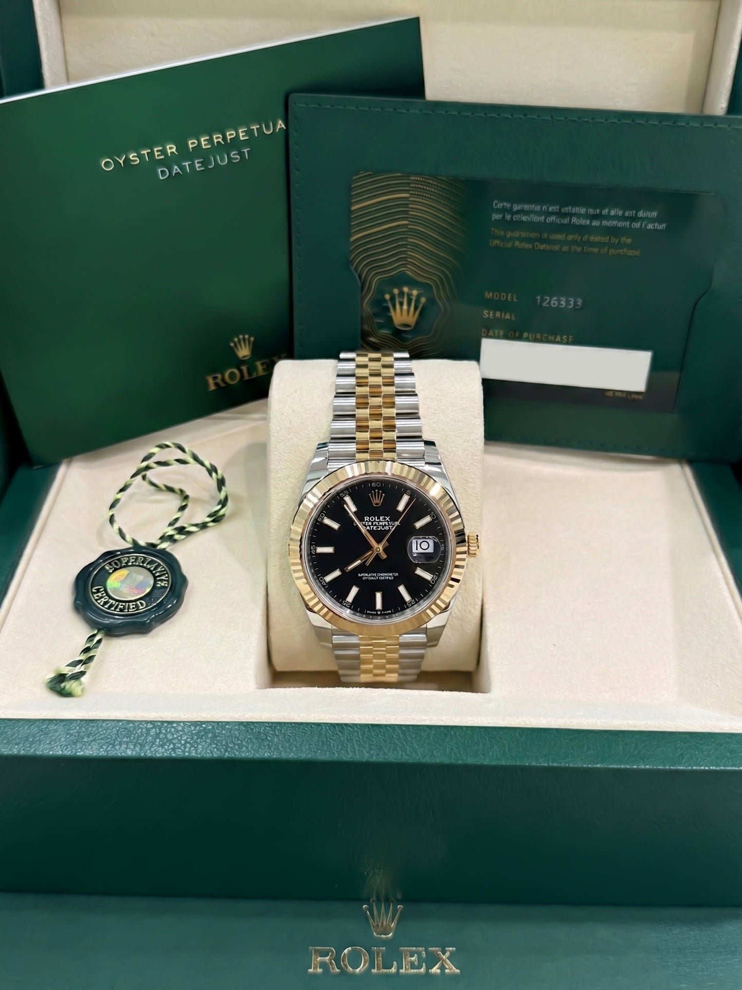 Rolex 41mm Date-Just in Two Tone Yellow Gold Jubilee Band and Black Index Dial New, 126333, classy men watch, Rolex lover. 
