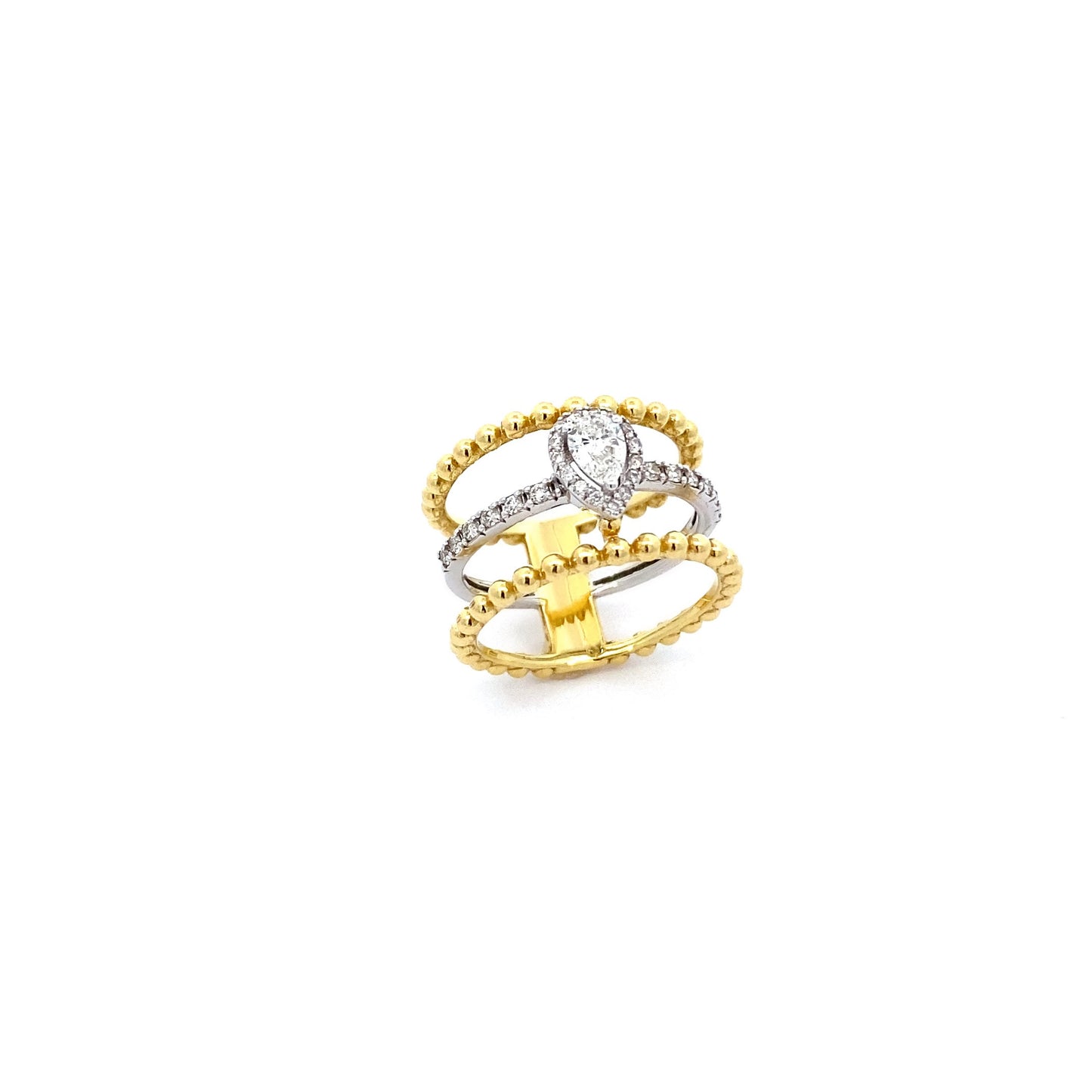 18K Yellow/ White Gold Diamond Layer Ring With Pear Shape Center Stone