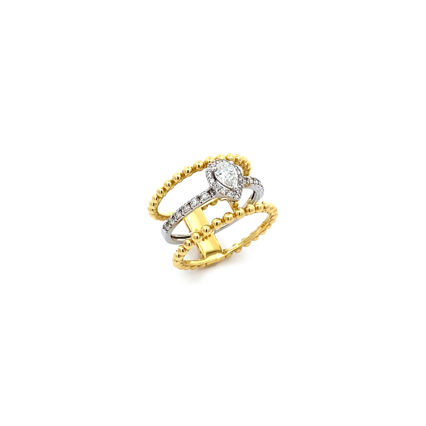 18K Yellow/ White Gold Diamond Layer Ring With Pear Shape Center Stone