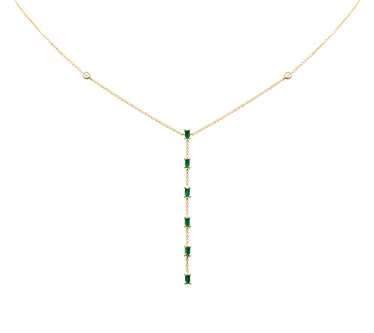 14K Yellow Gold Diamond & Emerald Gemstone Lariat Necklace