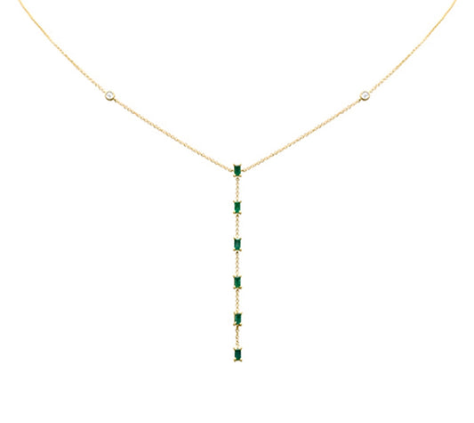 14K Yellow Gold Diamond & Emerald Gemstone Lariat Necklace