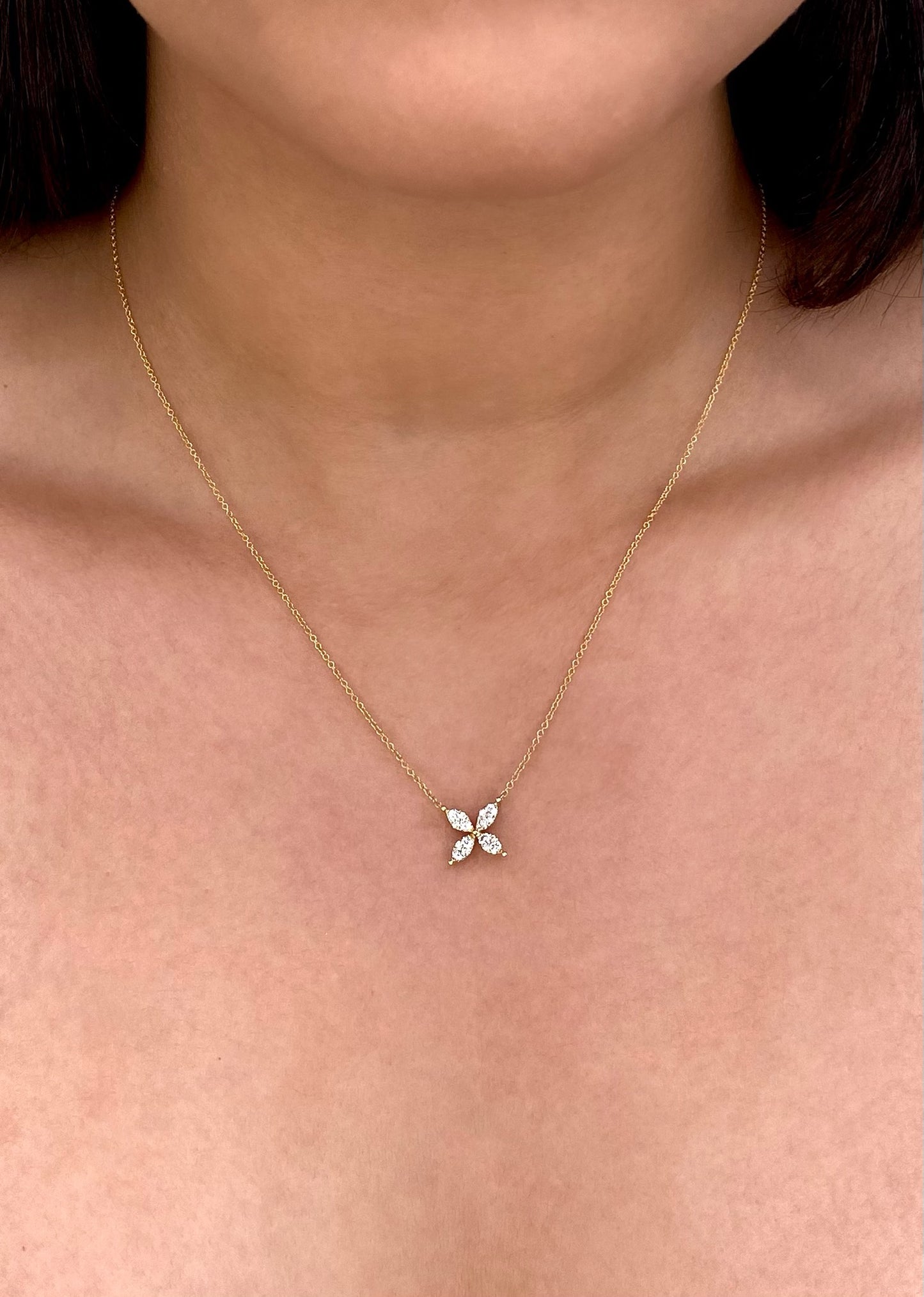 14K Solid Gold Flower Pendant Necklace with Natural Diamonds