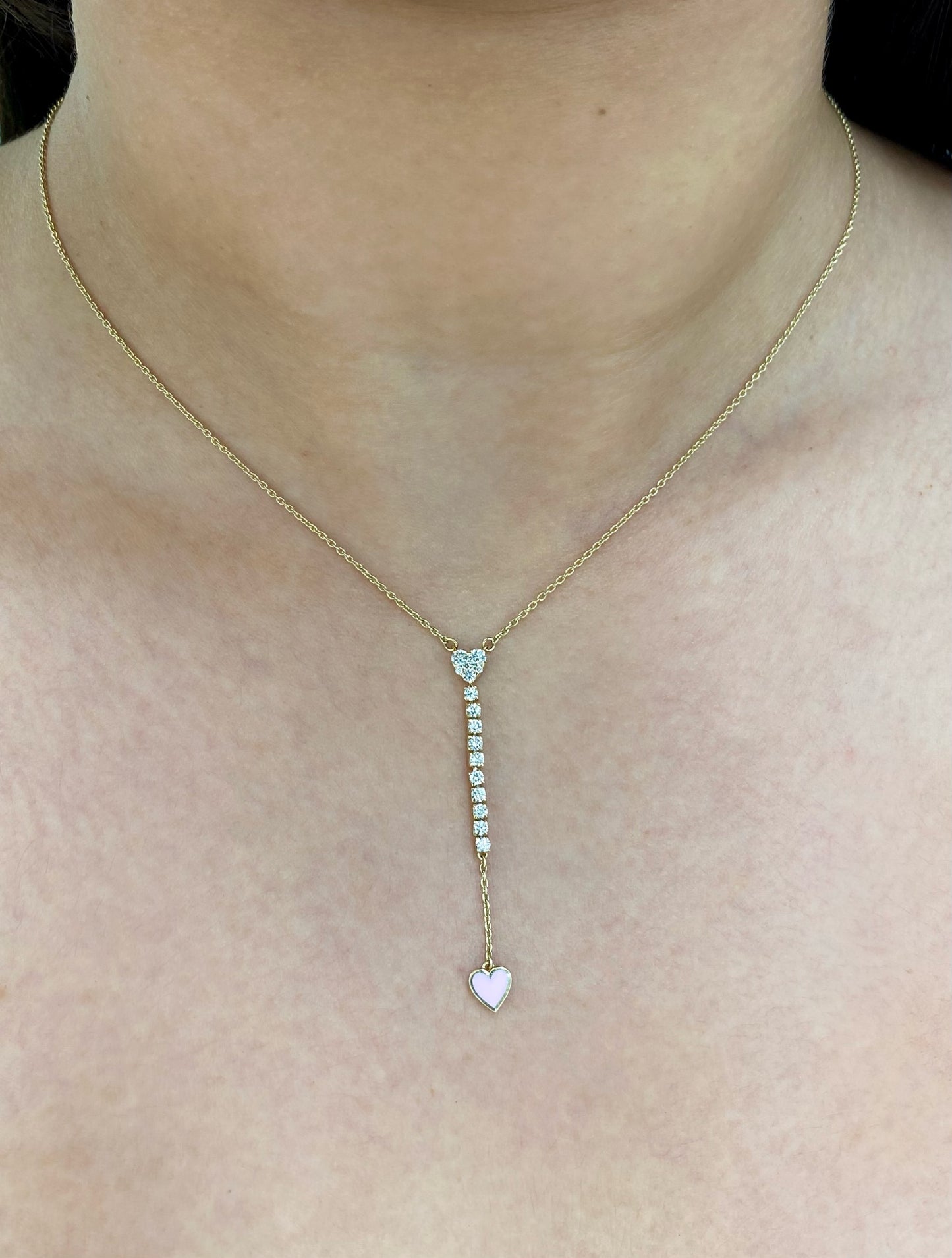 Sparkling Heart Diamond Long Drop Enamel Necklace