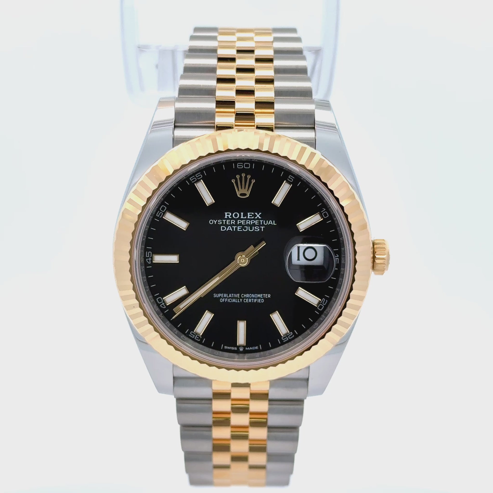 Rolex 41mm Date-Just in Two Tone Yellow Gold Jubilee Band and Black Index Dial New, 126333, classy men watch, Rolex lover. Two tone 18k yellow gold Rolex date just 2