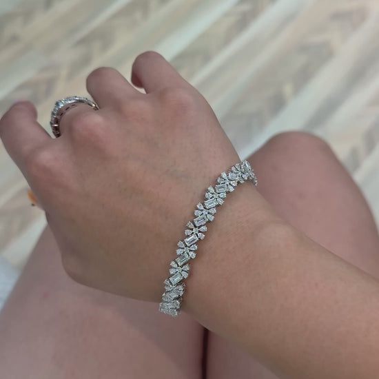 14K Solid White Gold Lab Grown Diamond Emerald Cut, Pear Shaped and Round Cluster Bracelet 