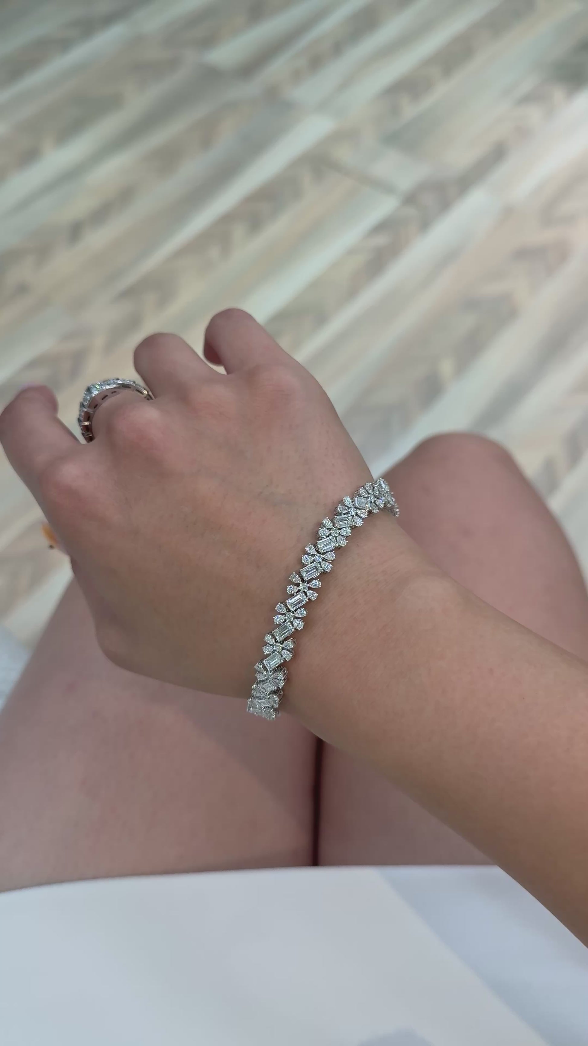 14K Solid White Gold Lab Grown Diamond Emerald Cut, Pear Shaped and Round Cluster Bracelet 