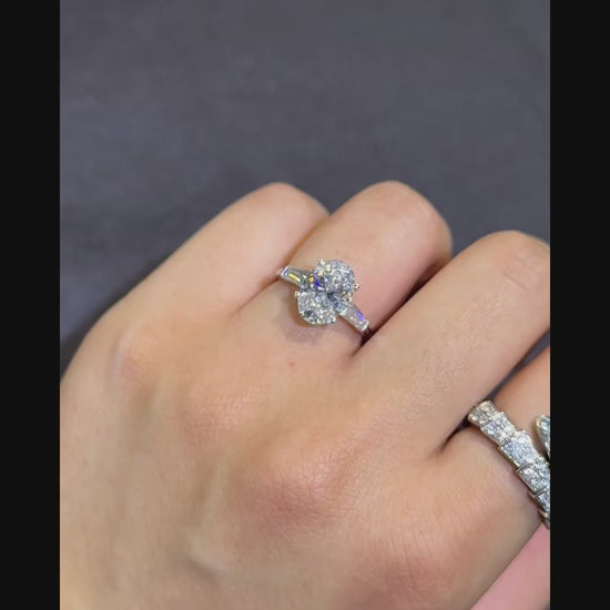3.60CT Oval and Tapered Baguette IGI Certified Lab-Grown Diamond 3 Stone Engagement Ring. Proposal Ring. Bridal Ring. Lab Grown Engagement Ring. 